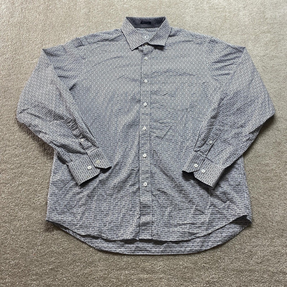Bugatchi Uomo Shirt Mens Large White Blue Geometric Classic Fit Dress Button Up